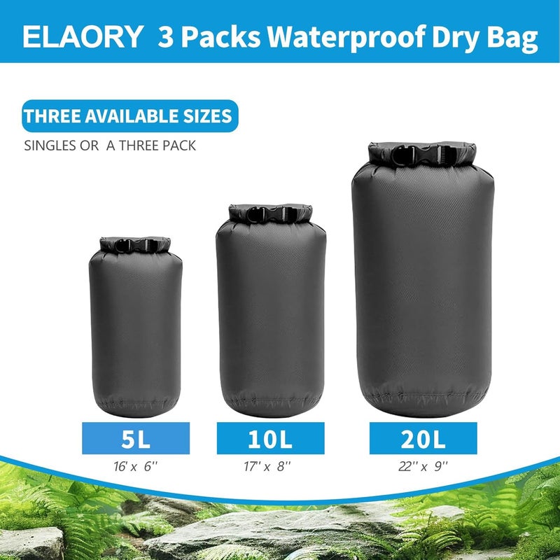 ELAORY Waterproof Dry Bags 3 Pack (5L, 10L, 20L) - Lightweight Waterproof Storage Bags for Travel, Boating, Fishing, Rafting, Swimming, Camping & Outdoor Activities - Durable & Compact Design - Grey - Image 2